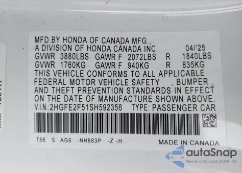 2025 Honda Civic Sport from USA, damaged, VIN 2HGFE2F51SH592356